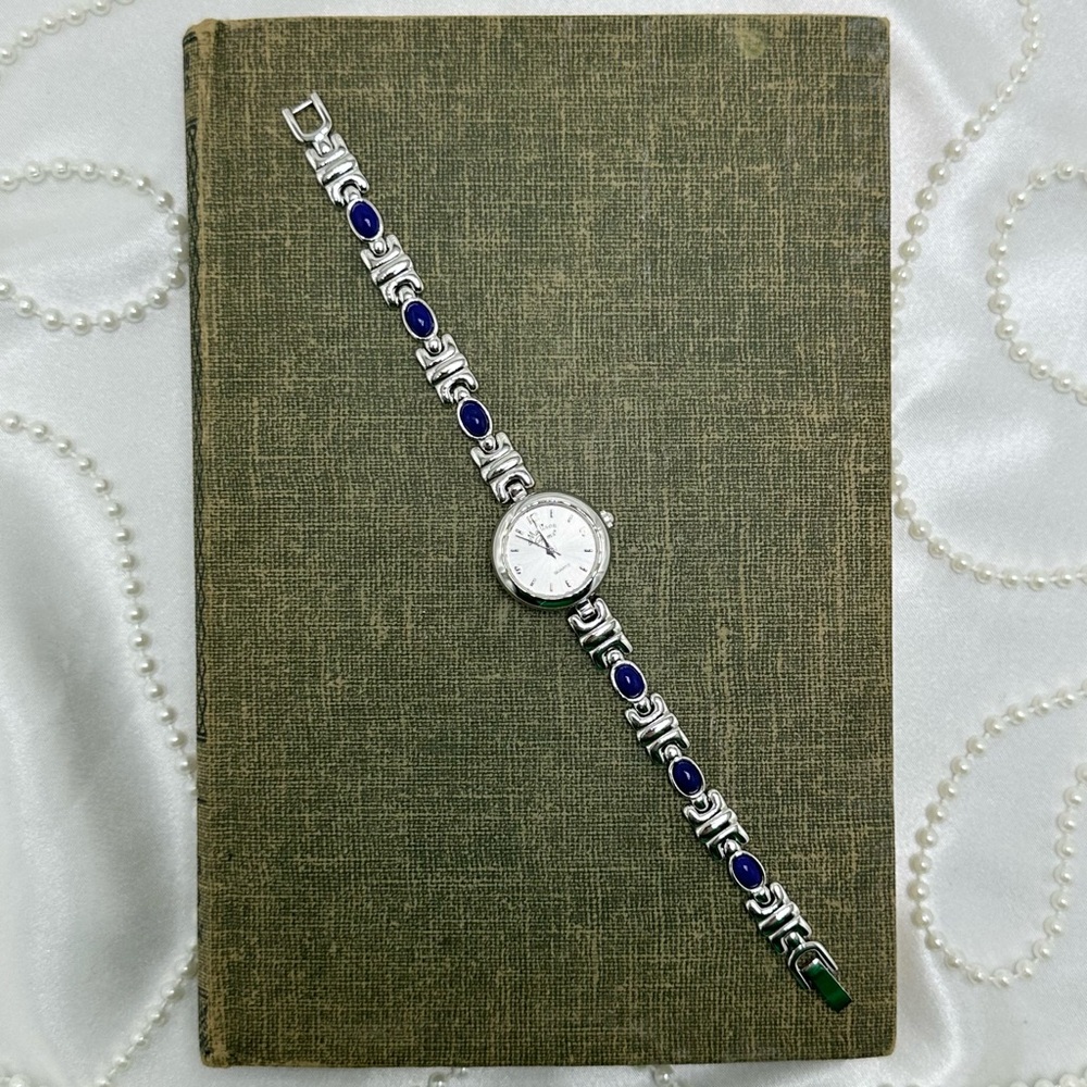 Silver Round Dial Watch with Blue Gemstone Band